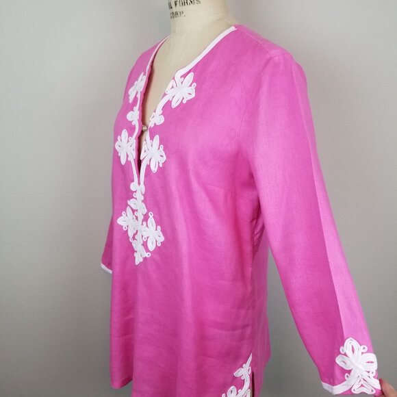 Hot Pink 3/4 Sleeve Linen Tunic Blouse with White Braid Detail Size Large - Picture 2 of 7